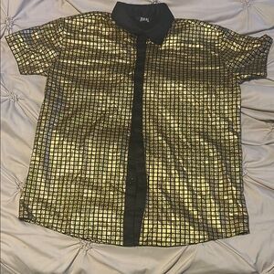 Striking Gold and Black Button Down Shirt with Textured Pattern